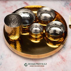 Rajwada Stainless Steel Thali Set - Gold Hammered (Set of 8 pcs)