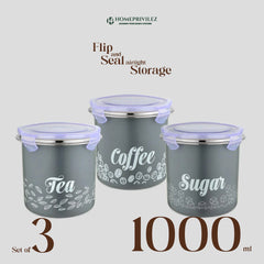 “Flip & Seal" Stainless Steel Air Tight Storage Container - Tea, Coffee & Sugar (Set of 3)