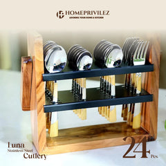 Luna Cutlery with Wooden Stand (Set of 24 pcs)
