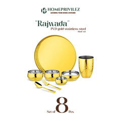 Rajwada Stainless Steel Thali Set - Gold Hammered (Set of 8 pcs)