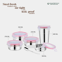 "Steel-Fresh" Stainless Steel Air Tight and Leak Proof Lunchbox (Set of 5 Combo)