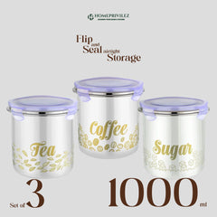 “Flip & Seal" Stainless Steel Air Tight Storage Container - Tea, Coffee & Sugar (Set of 3)