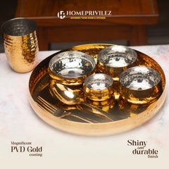 Rajwada Stainless Steel Thali Set - Gold Hammered (Set of 8 pcs)