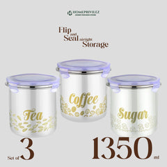 “Flip & Seal" Stainless Steel Air Tight Storage Container - Tea, Coffee & Sugar (Set of 3)