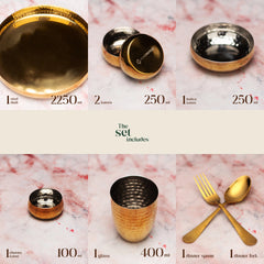 Rajwada Stainless Steel Thali Set - Gold Hammered (Set of 8 pcs)