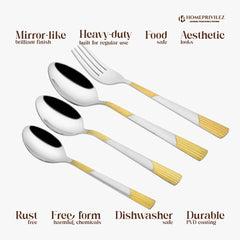 Luna cutlery-Stainless Steel and gold coated 24 pcs set in Stainless Steel stand with wooden base