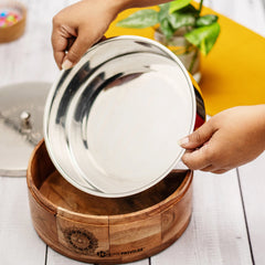 AKSH Wooden Plus Steel Roti Box/Casserole with Serving Tong