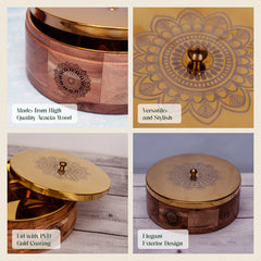 KANAK Golden Wooden Roti Box/Casserole with Serving Tong
