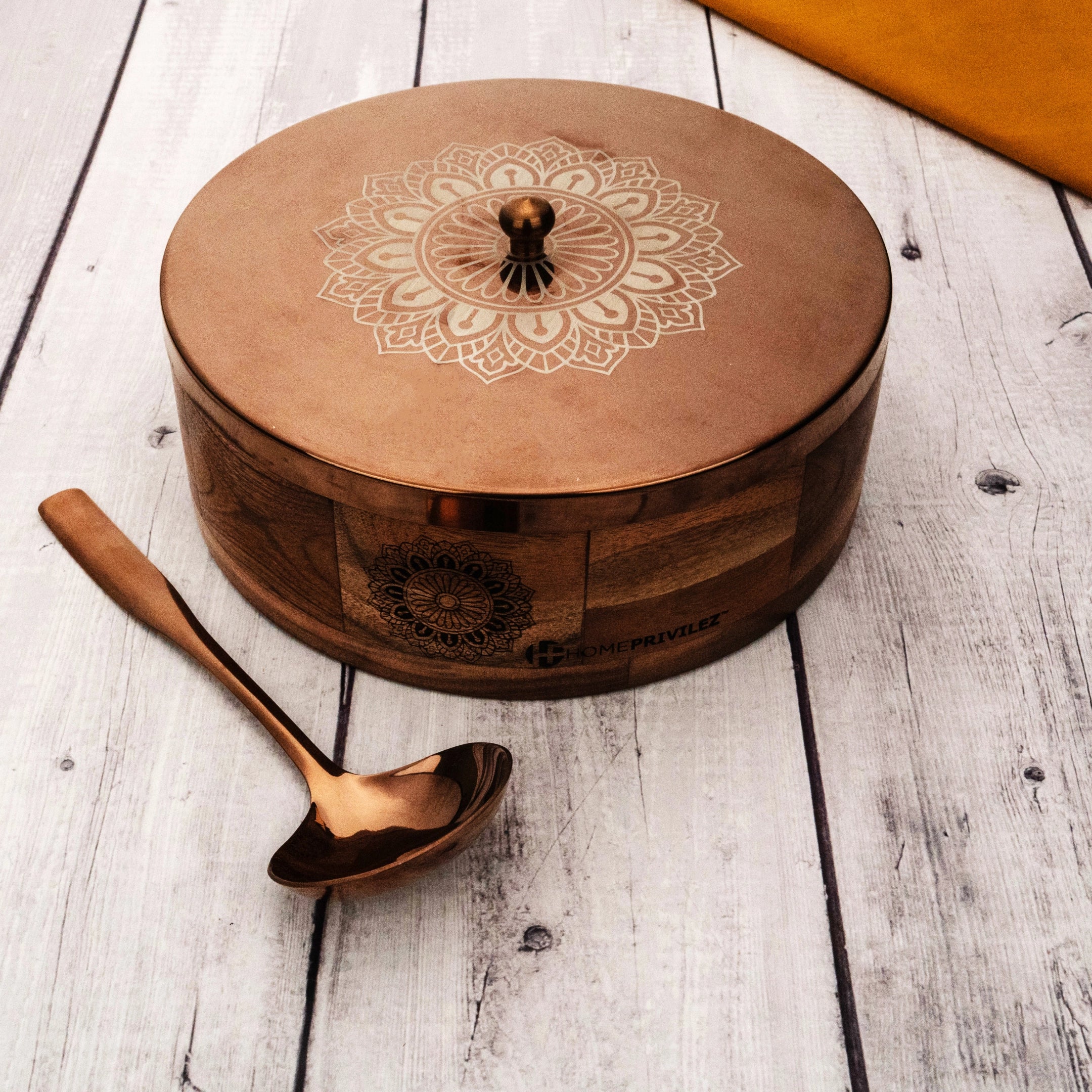 RAMYA Rose Gold Wooden Casserole with Serving Spoon