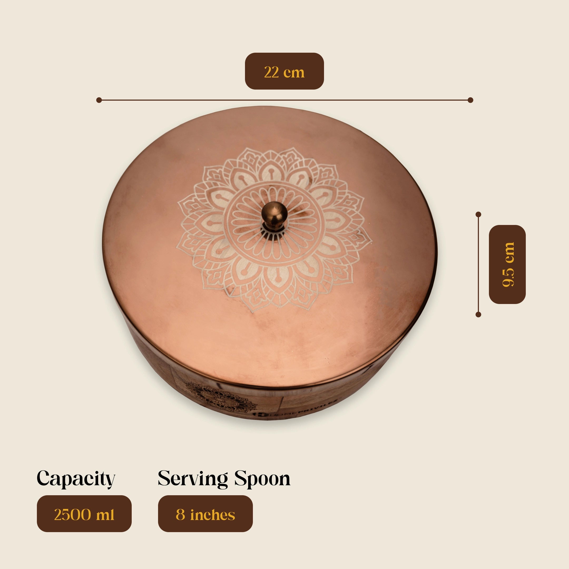 RAMYA Rose Gold Wooden Casserole with Serving Spoon