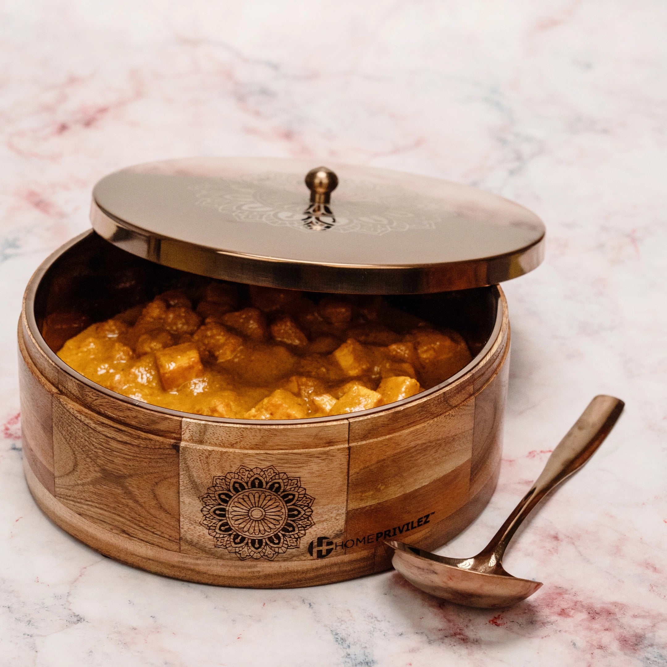 RAMYA Rose Gold Wooden Casserole with Serving Spoon