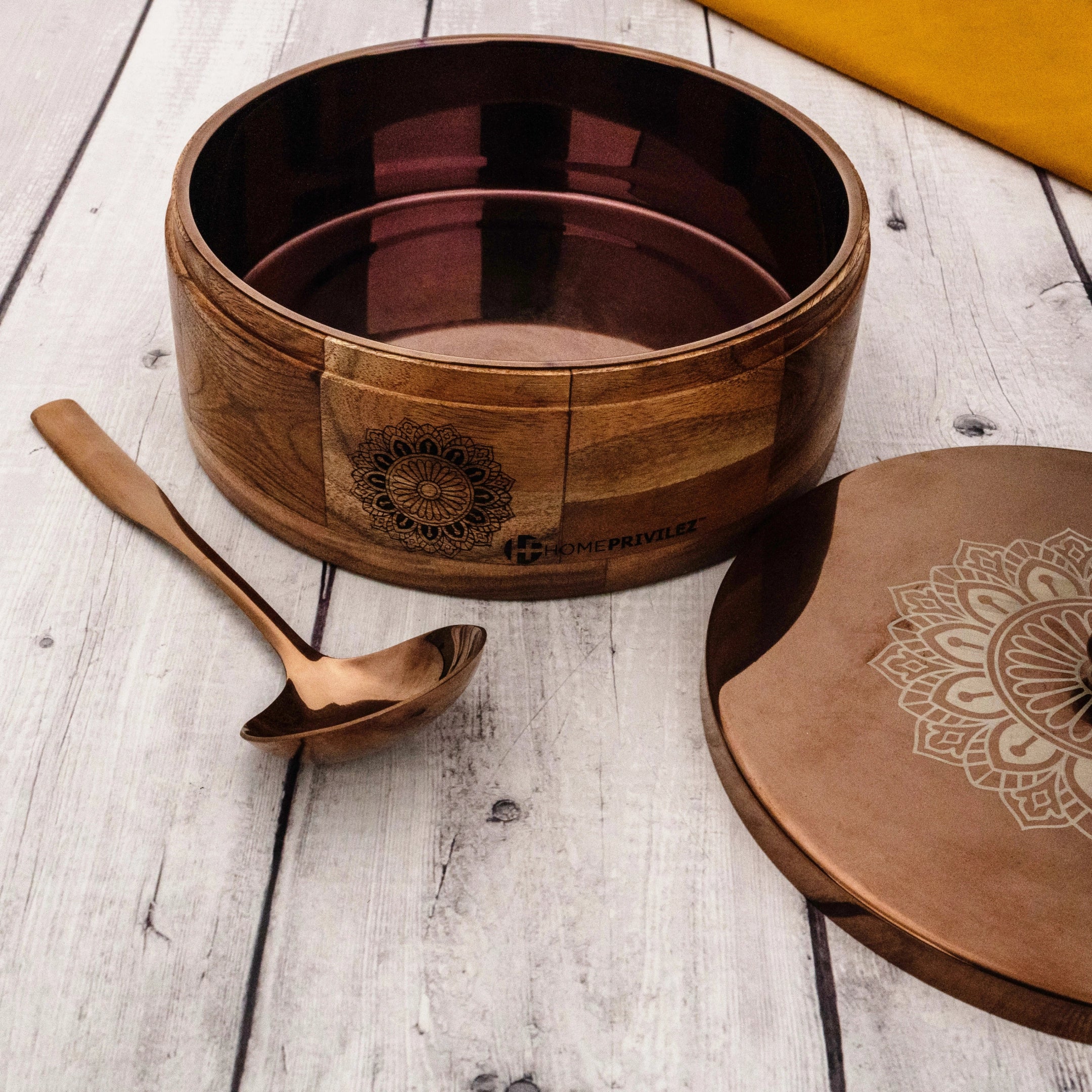 RAMYA Rose Gold Wooden Casserole with Serving Spoon