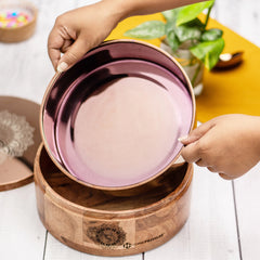 RAMYA Rose Gold Wooden Roti Box with Serving Tong