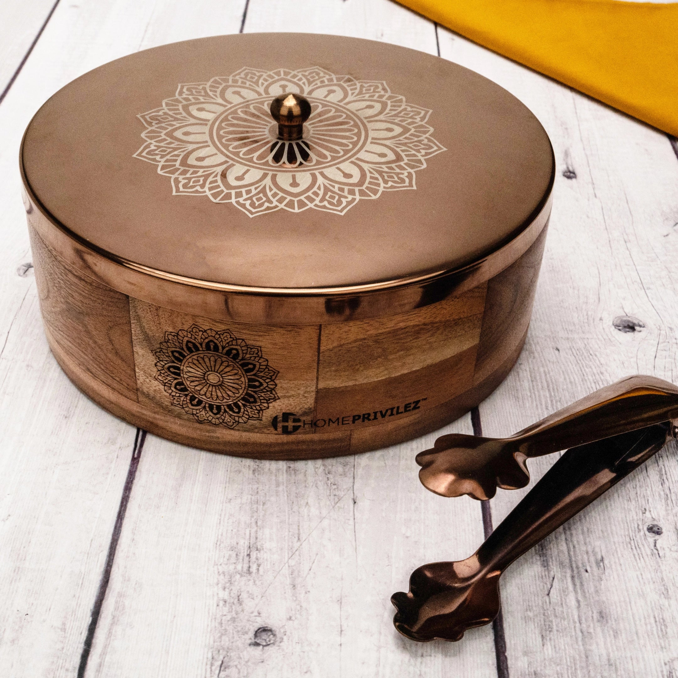 RAMYA Rose Gold Wooden Roti Box with Serving Tong