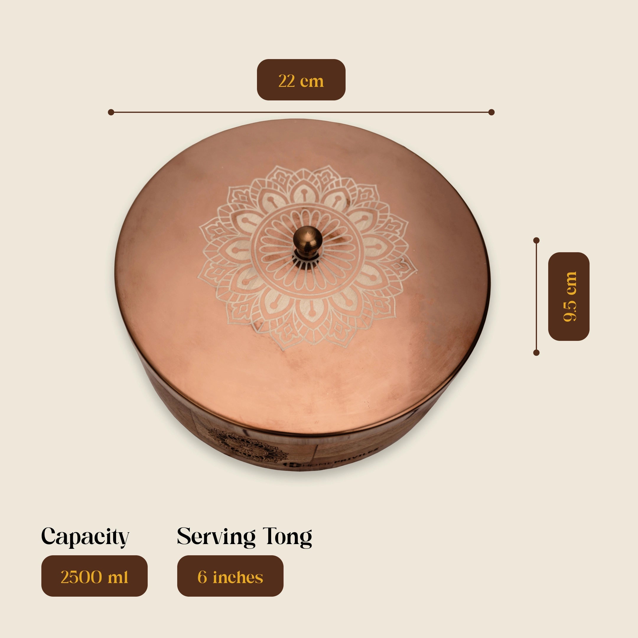 RAMYA Rose Gold Wooden Roti Box with Serving Tong