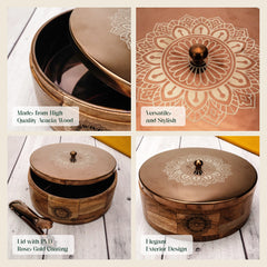 RAMYA Rose Gold Wooden Roti Box with Serving Tong