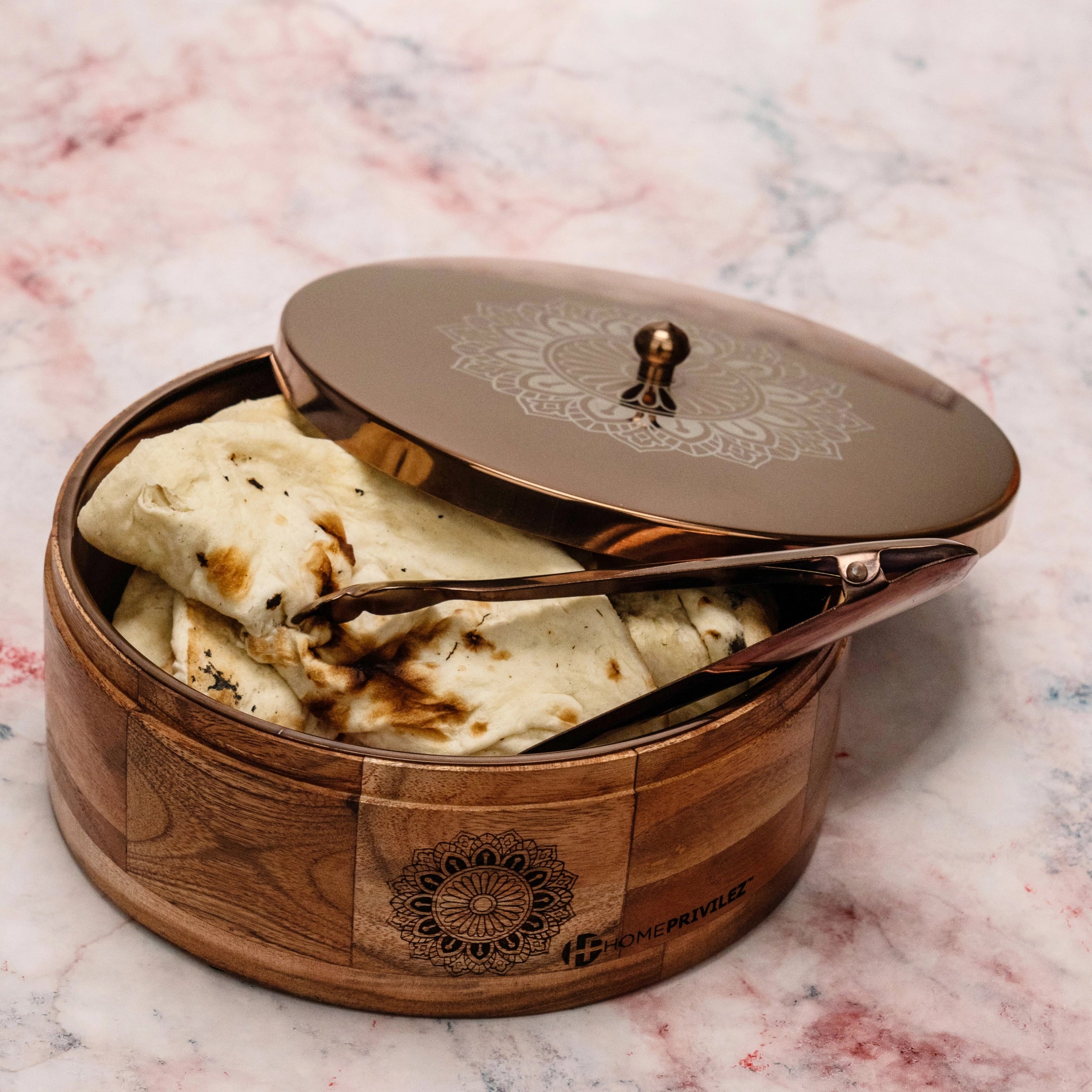 RAMYA Rose Gold Wooden Roti Box with Serving Tong