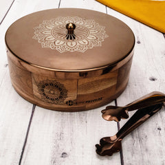 RAMYA Rose Gold Wooden Roti Box with Serving Tong