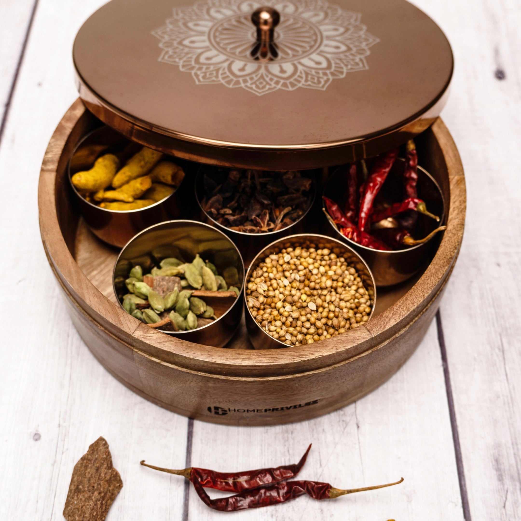 Ramya Wooden Masala Box - Rose Gold
