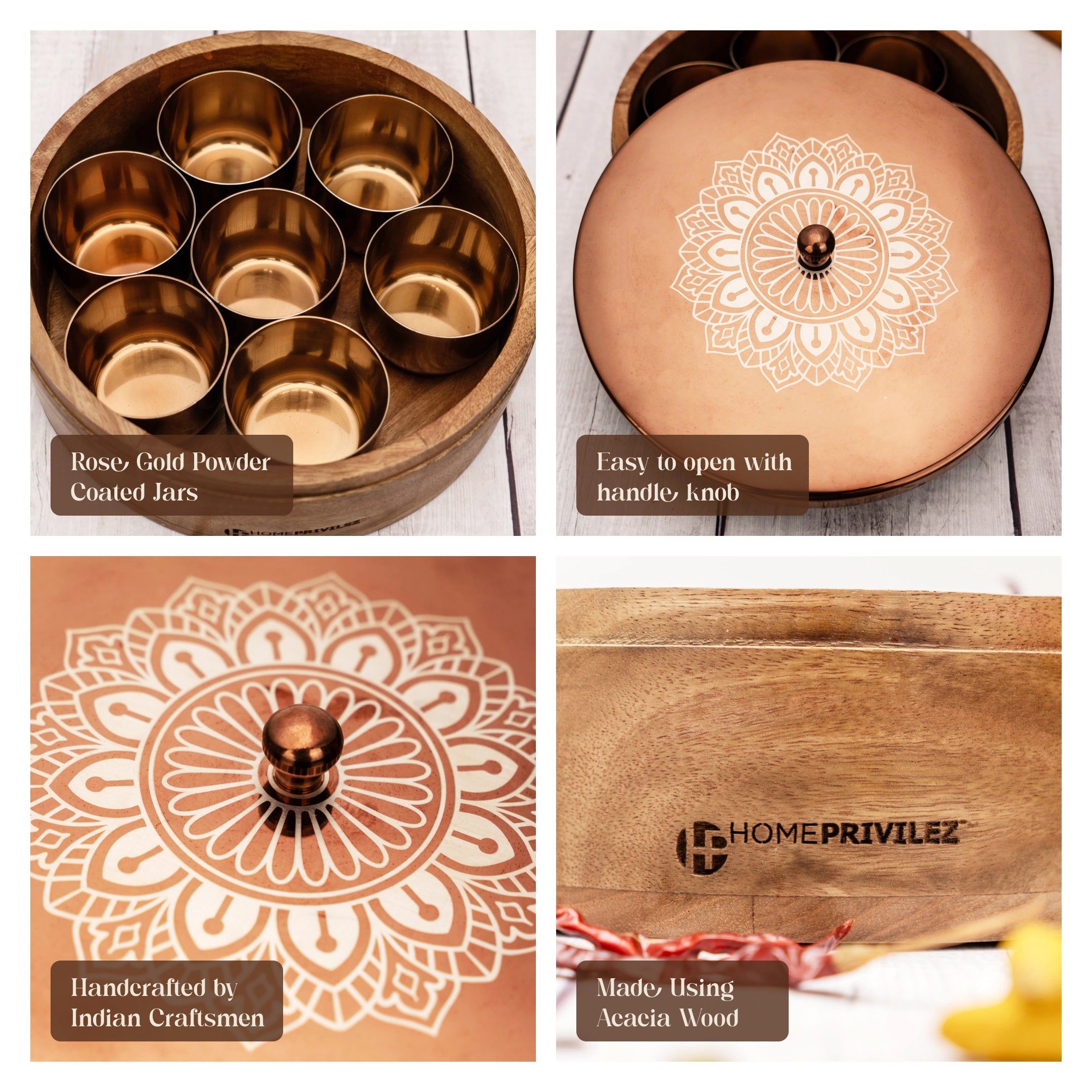 Ramya Wooden Masala Box - Rose Gold
