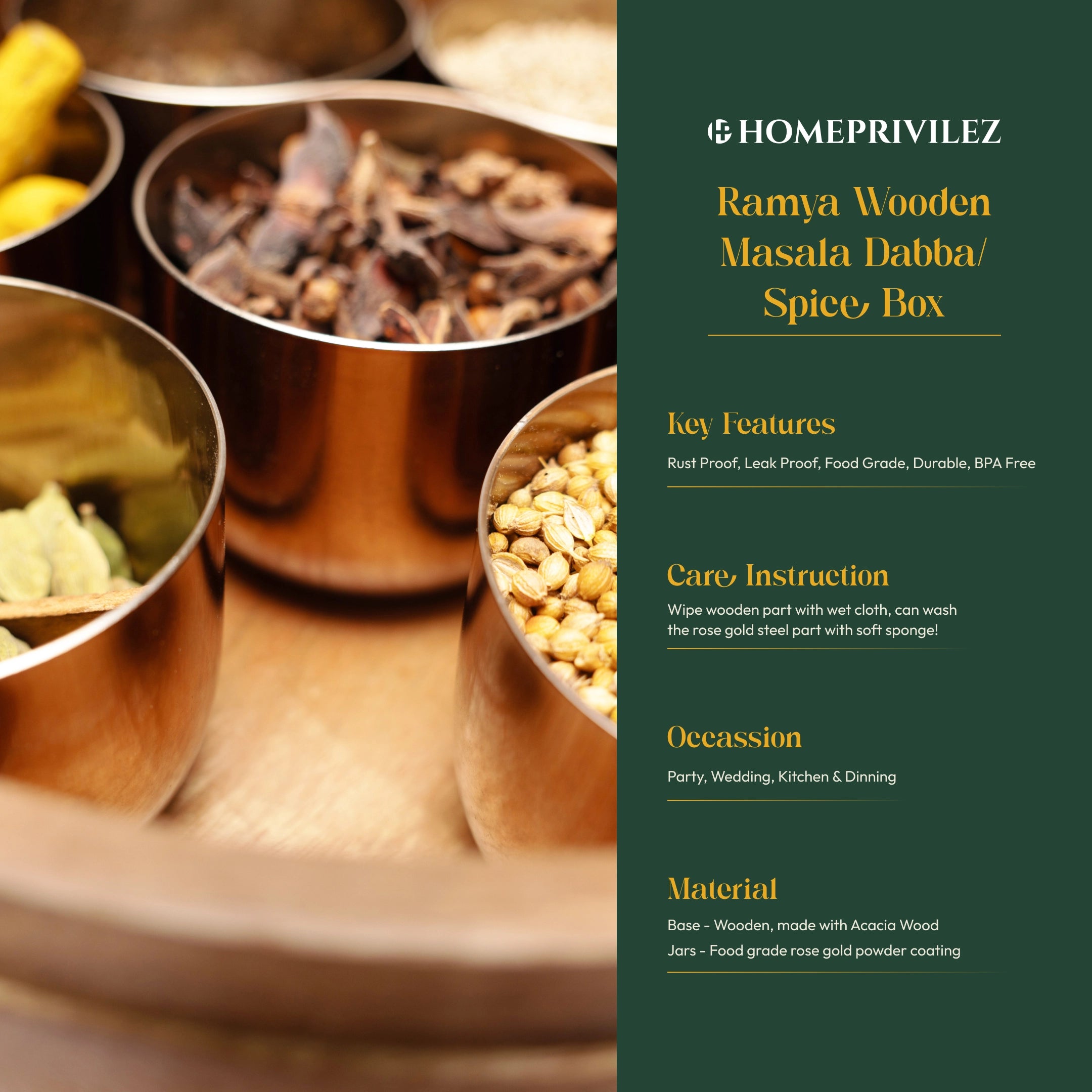 Ramya Wooden Masala Box - Rose Gold