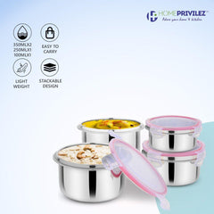 “Steel-Fresh” Stainless Steel Air Tight and Leak Proof Lunchbox -350mlx2 pcs, 250mlx1 pcs and 100mlx1 pcs(Set of 4)