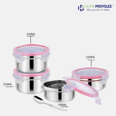 “Steel-Fresh” Stainless Steel Air Tight and Leak Proof Lunchbox -350mlx2 pcs, 250mlx1 pcs and 100mlx1 pcs(Set of 4)