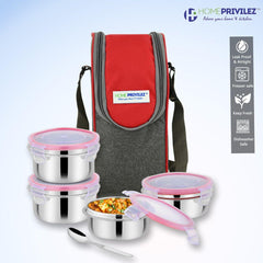 “Steel-Fresh” Stainless Steel Air Tight and Leak Proof Lunchbox -350mlx2 pcs, 250mlx1 pcs and 100mlx1 pcs(Set of 4)