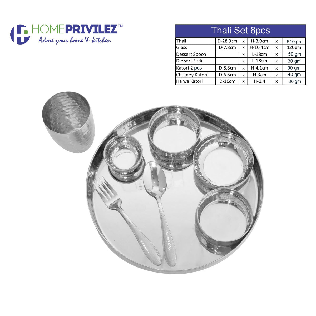 Hammered Stainless Steel Thali set of 8 Pcs