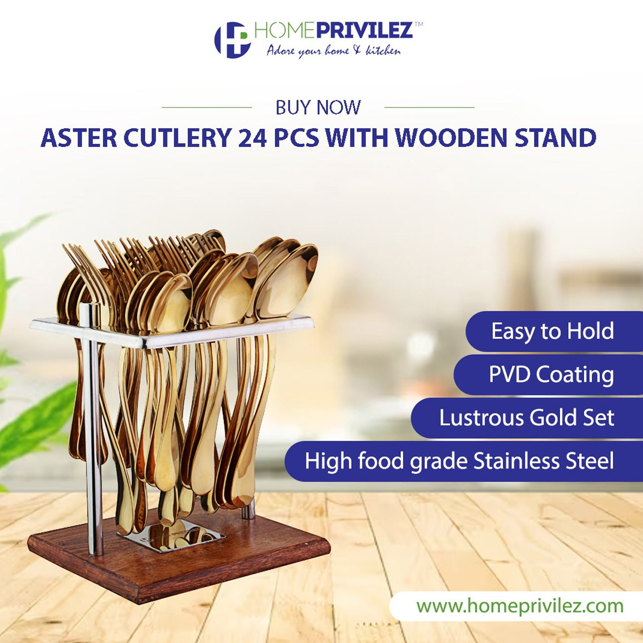 Aster Stainless Steel PVD gold cutlery set of 24 pcs in Stainless Steel stand with wooden base