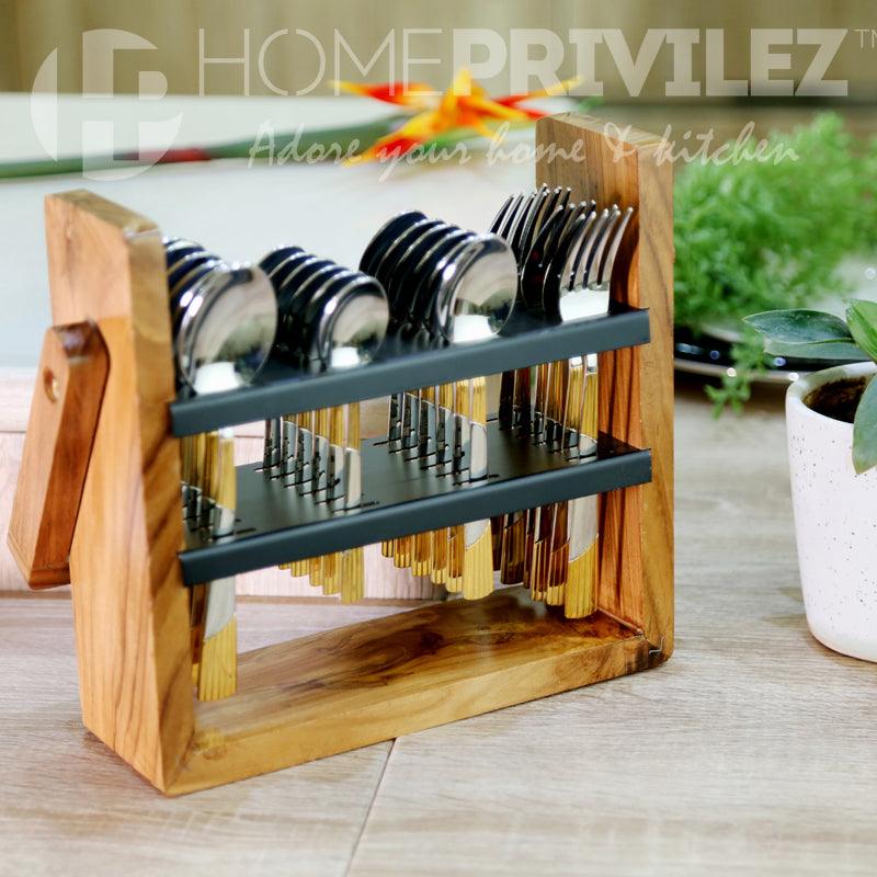 Luna Cutlery with Wooden Stand -24 pcs