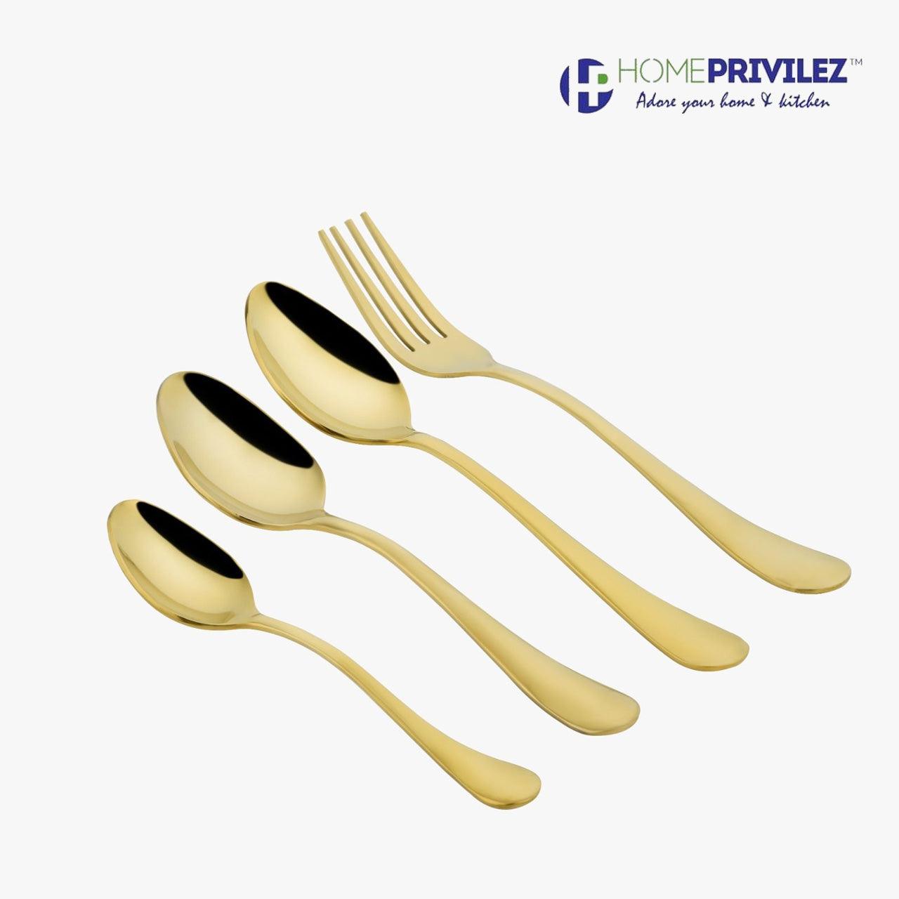 Aster Stainless Steel PVD Gold Cutlery with Wooden Base (set of 24 pcs)