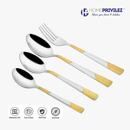 Luna cutlery-Stainless Steel and gold coated 24 pcs set in Stainless Steel stand with wooden base