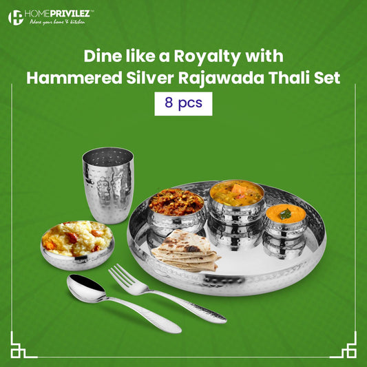 Rajwada Steel Thali set 8 Pcs- Silver HAMMERED