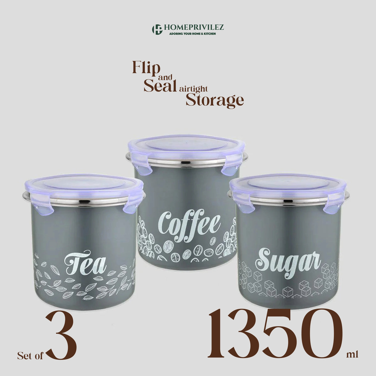 “Flip & Seal" Stainless Steel Air Tight Storage Container - Tea, Coffee & Sugar (Set of 3)