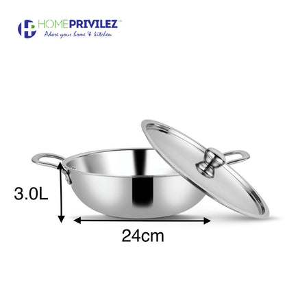 Stainless Steel  Triply Kadhai with SS Lid