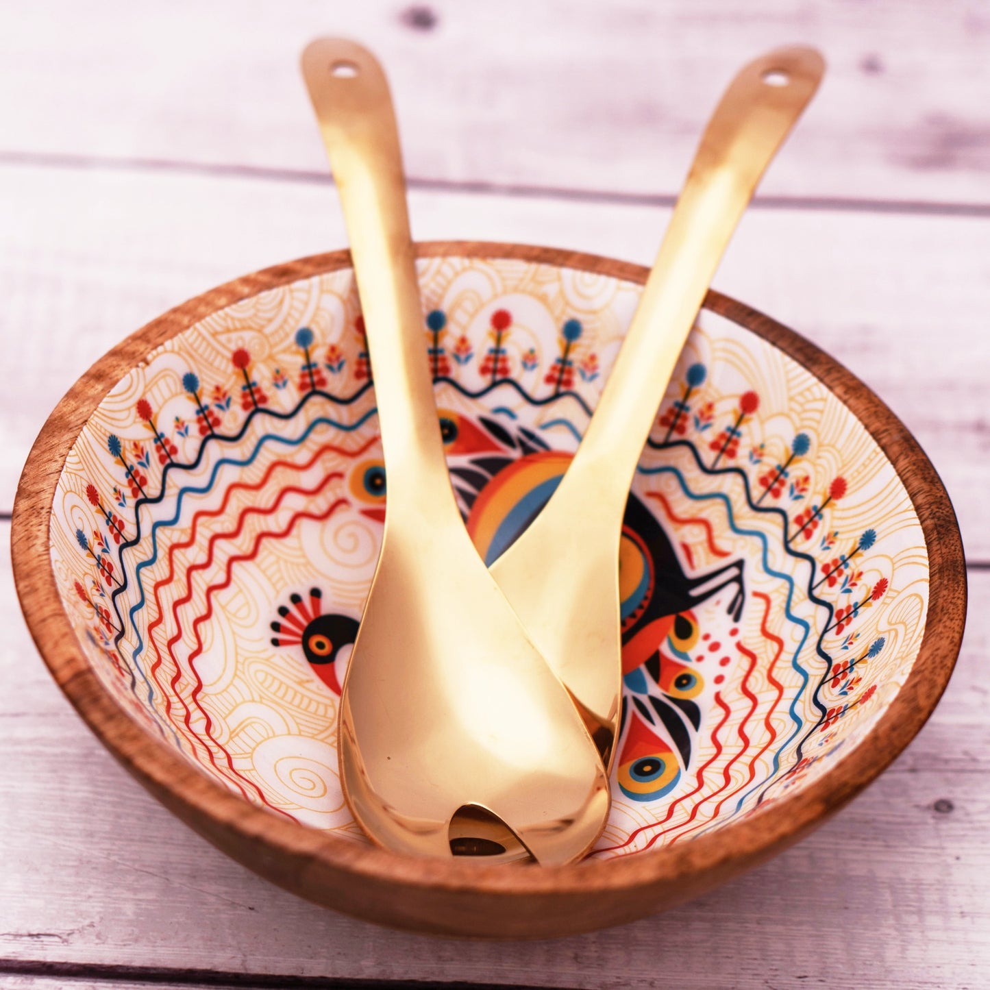 Pihu Wooden Large Bowl with Gold Salad Servers