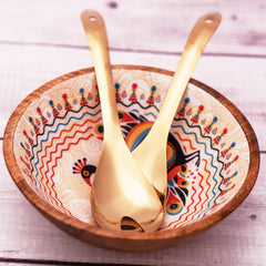 Pihu Wooden Large Bowl with Gold Salad Servers