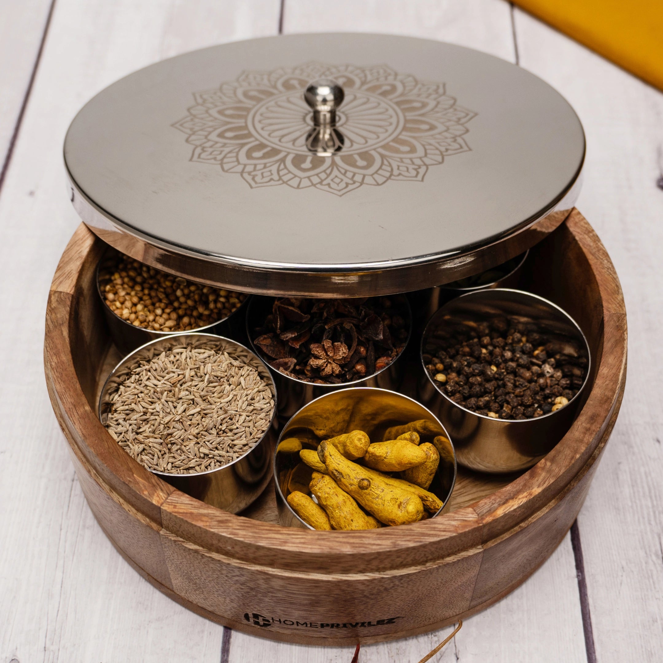 Aksh Wooden Masala Box - Silver