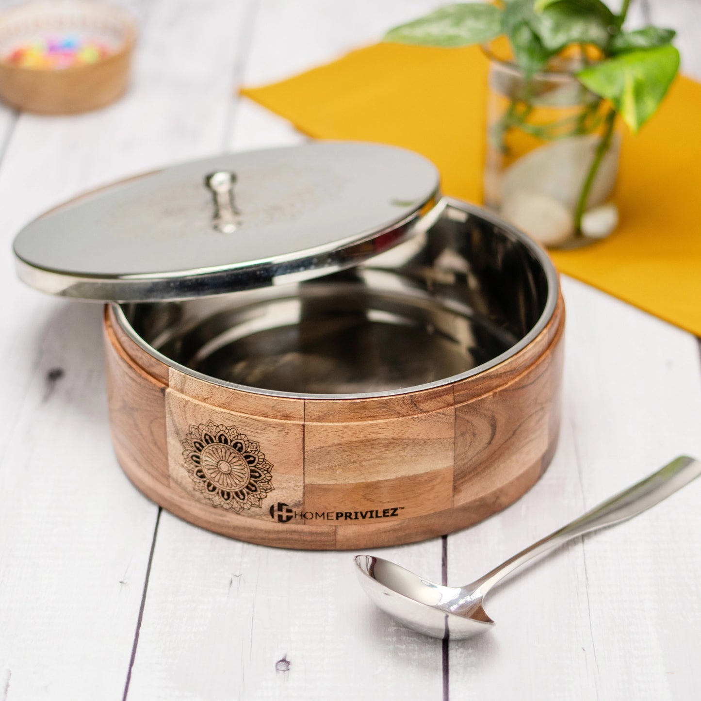 AKSH Wooden Plus Steel Casserole with Serving Spoon