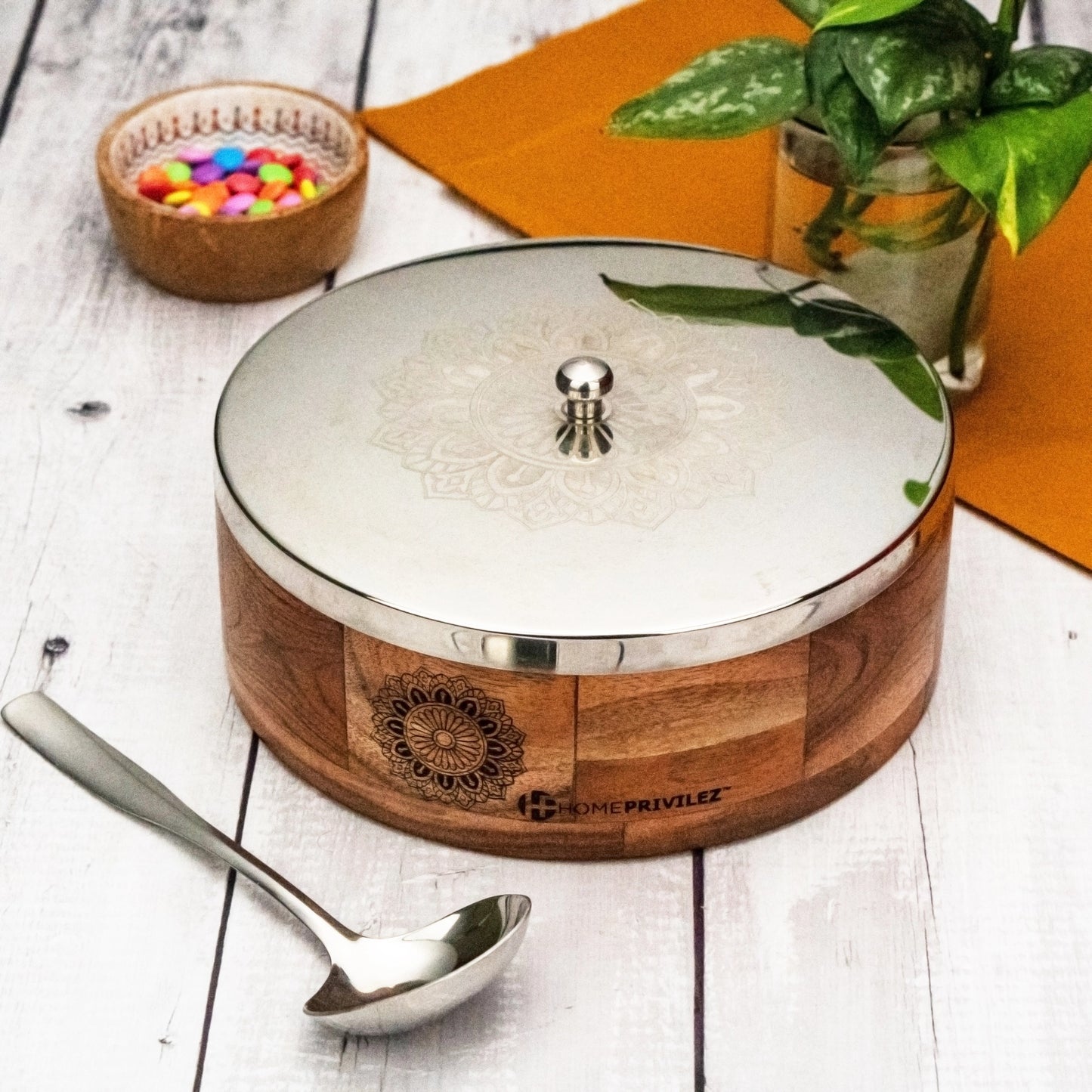 AKSH Wooden Plus Steel Casserole with Serving Spoon