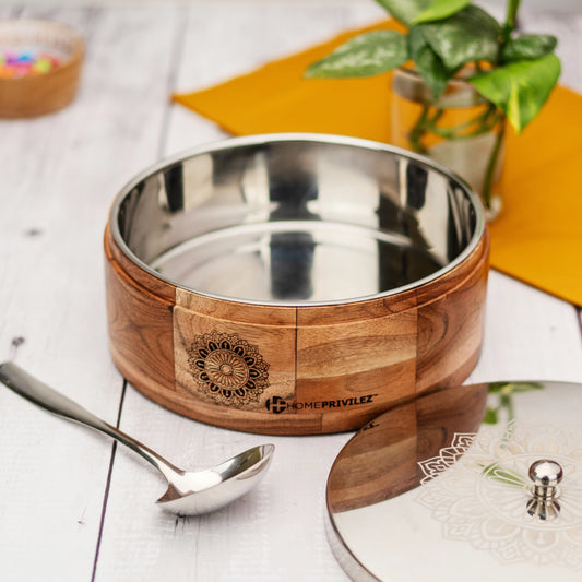 AKSH Wooden Plus Steel Casserole with Serving Spoon