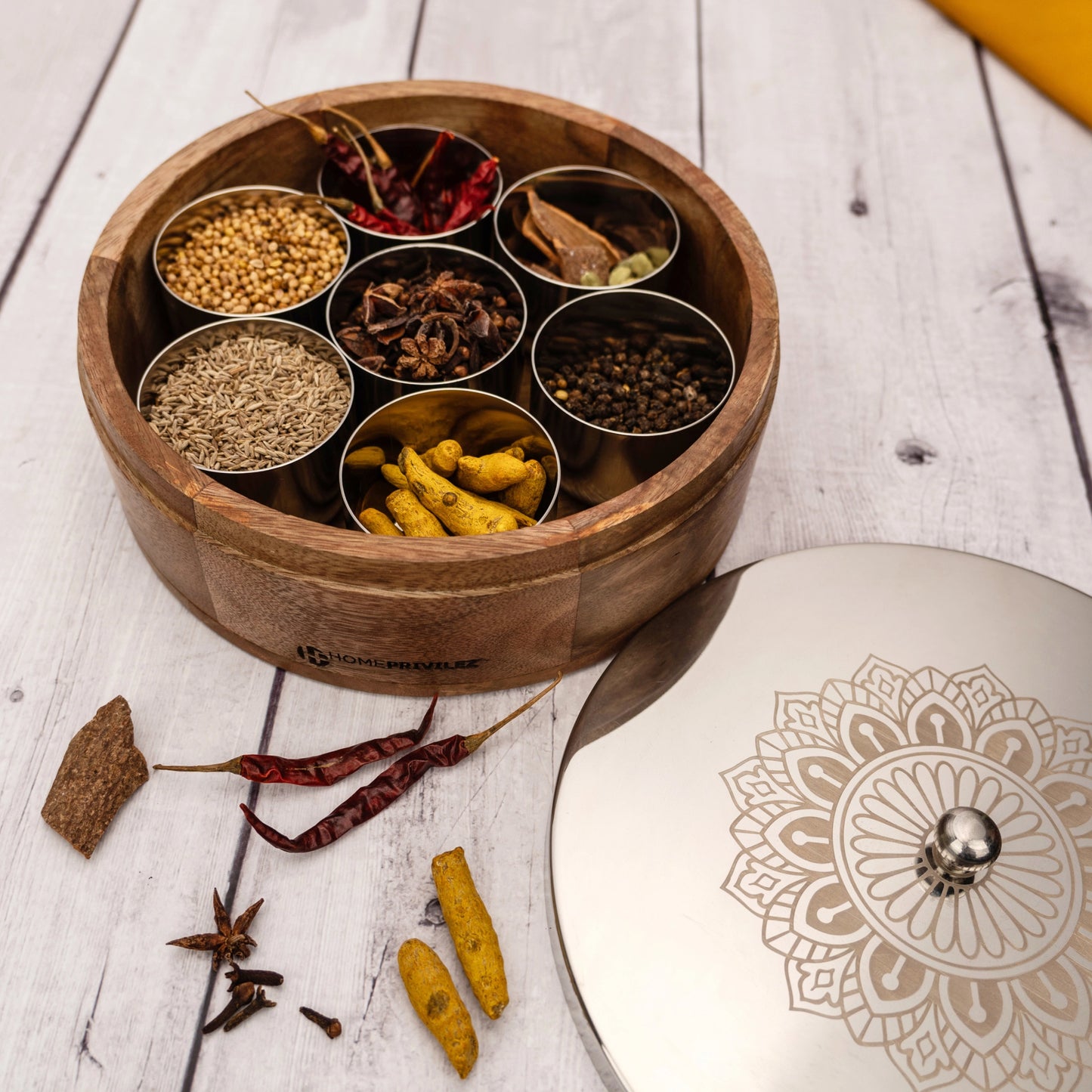 Aksh Wooden Masala Box - Silver