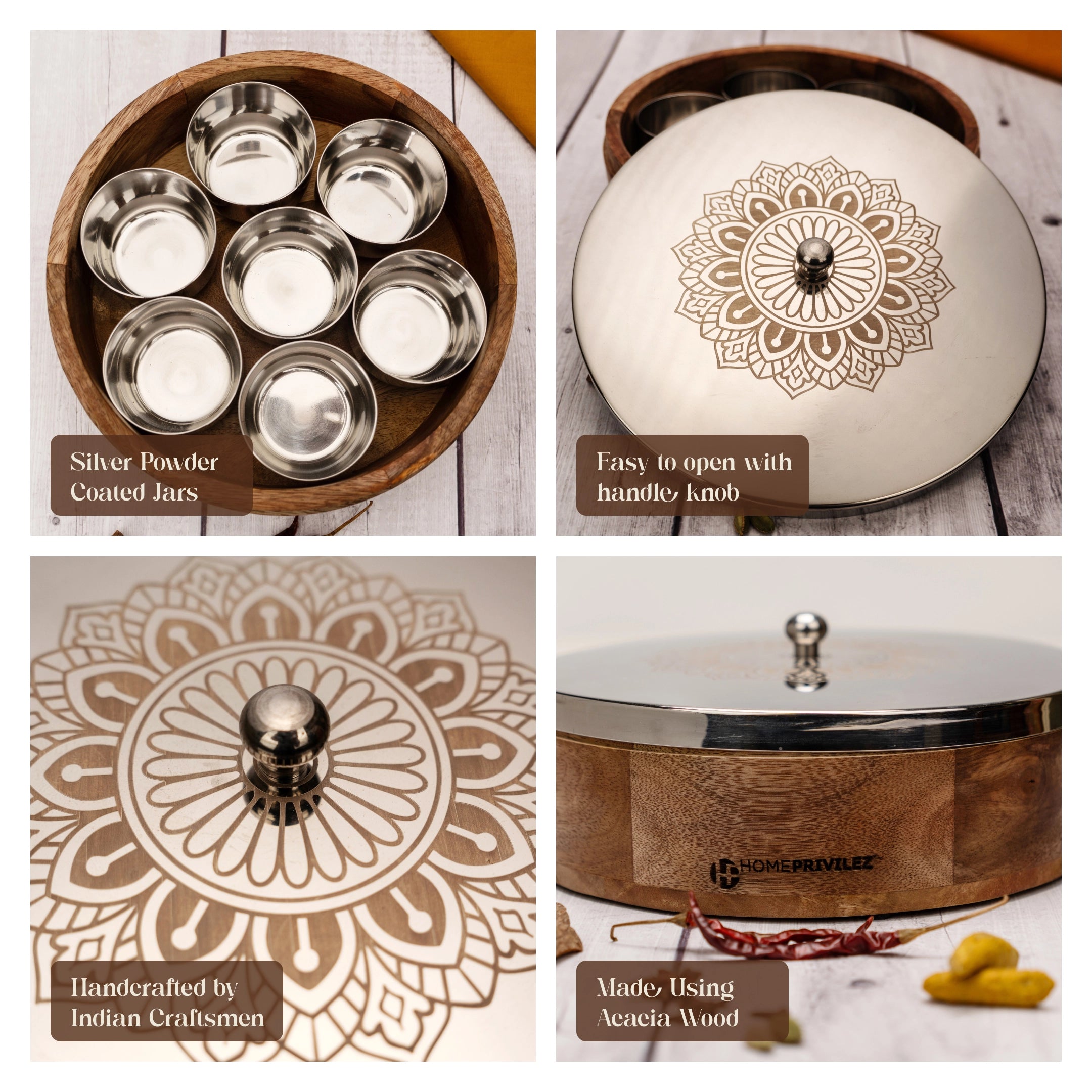 Aksh Wooden Masala Box - Silver