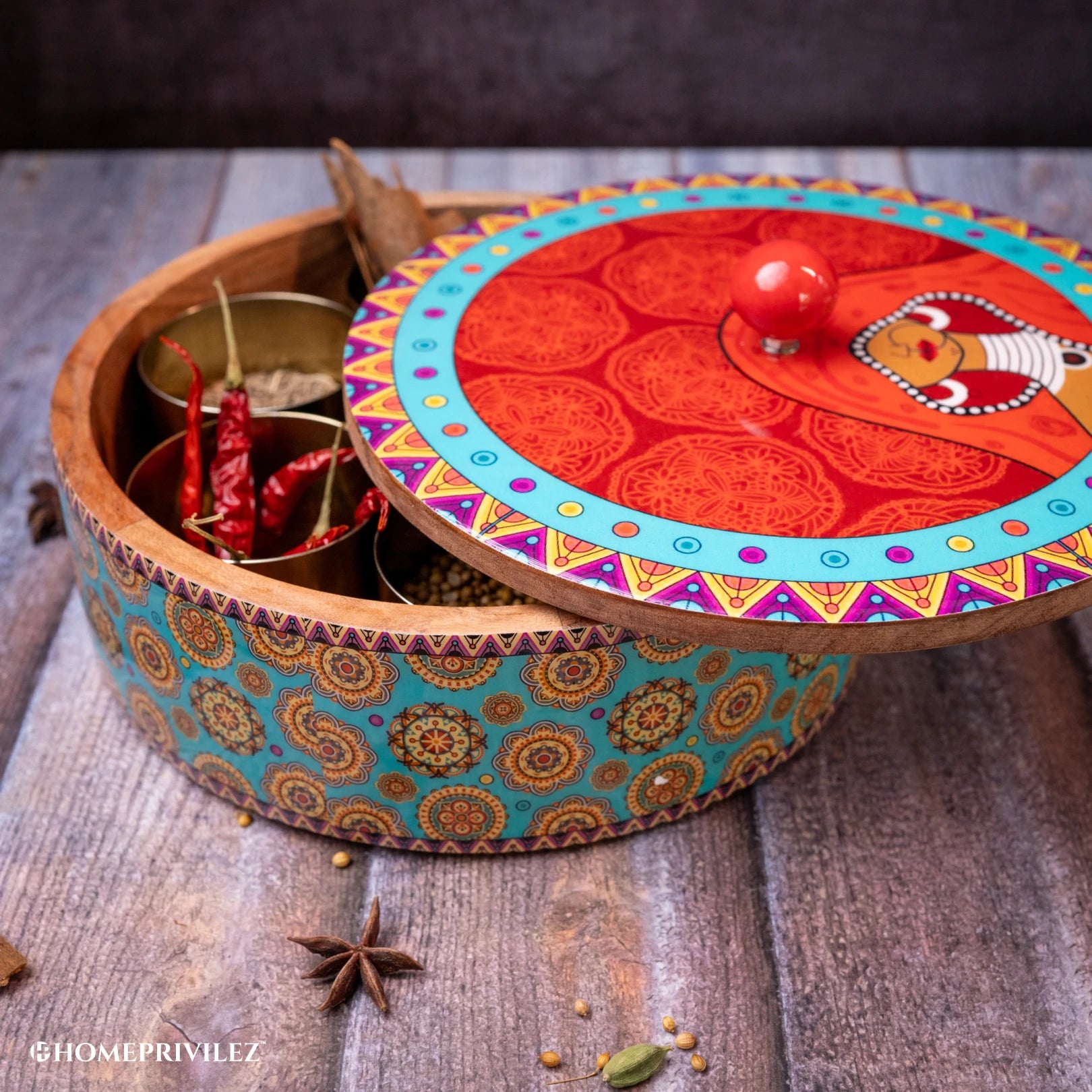 "Classic" Wooden Spice Box/Masala Dabba Set with Seven Golden Spice Jars