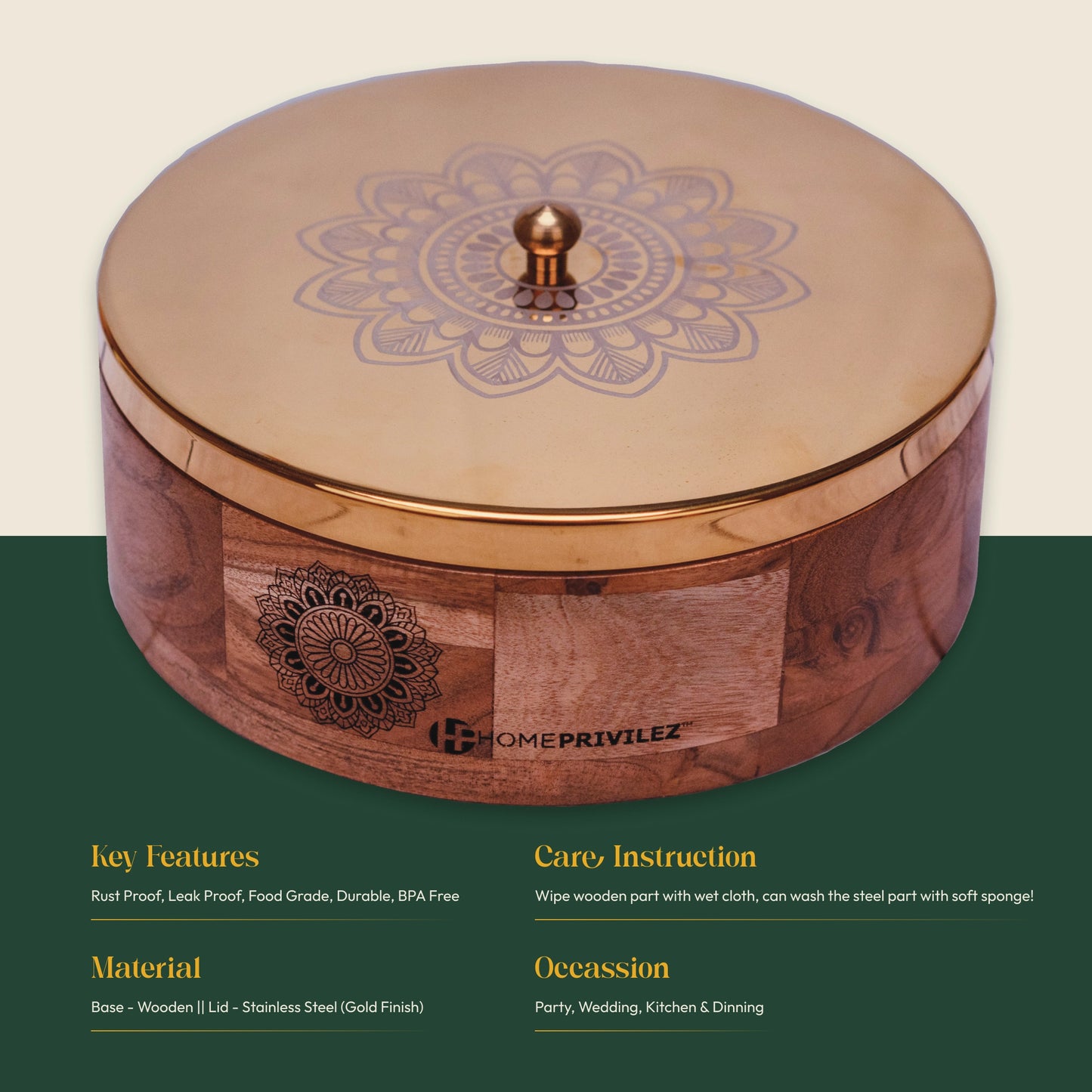 KANAK Golden Wooden Casserole with Serving Tong