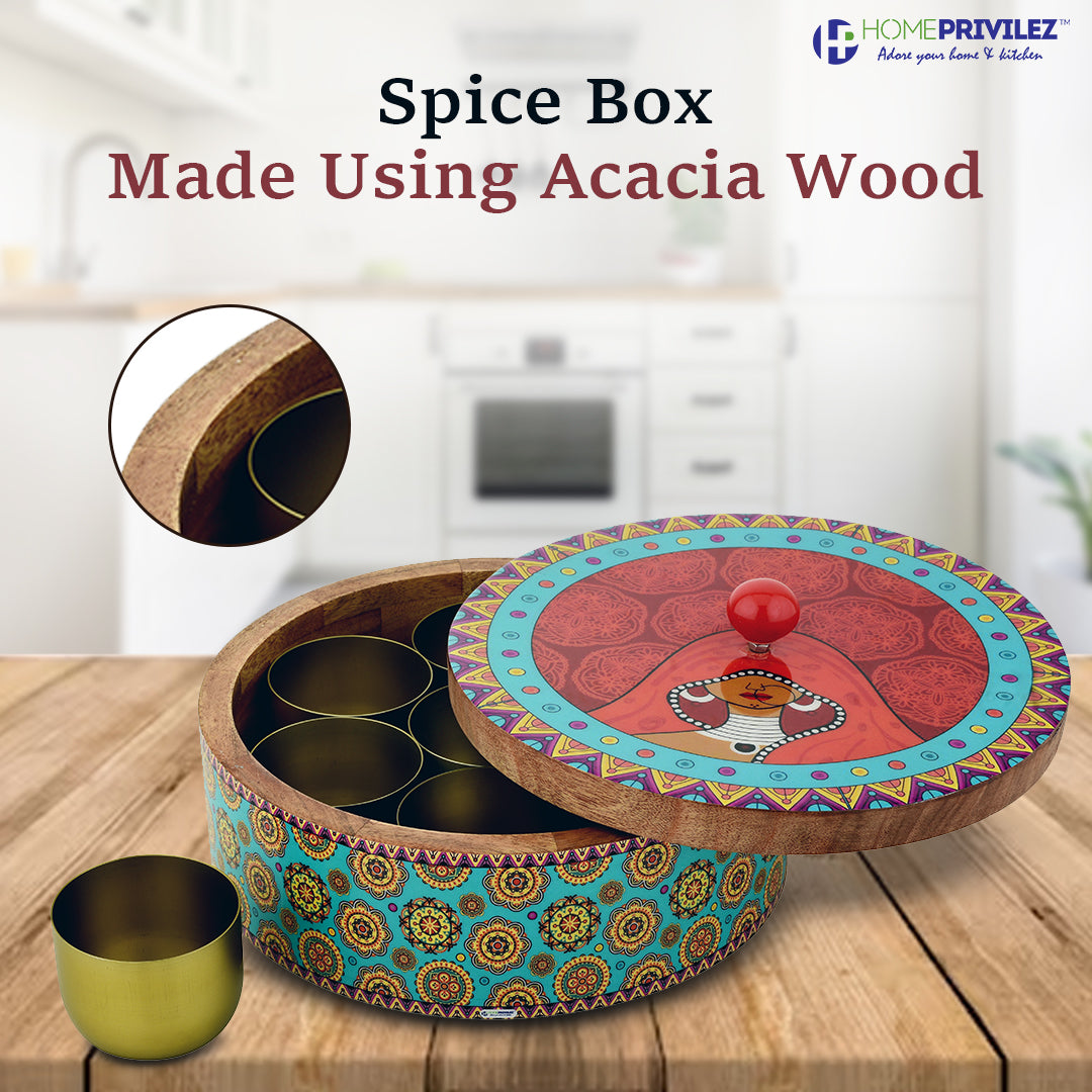 "Classic" Wooden Spice Box/Masala Dabba Set with Seven Golden Spice Jars (8 Pcs set)