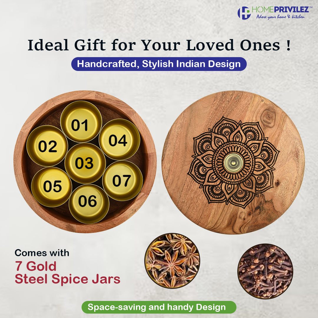 “Ethnic” Wooden Spice Box/Masala Dabba Set for Kitchen with engraved Ethnic Design on Wood with Gold Steel Spice Jars – 8 Pcs set (Brown)