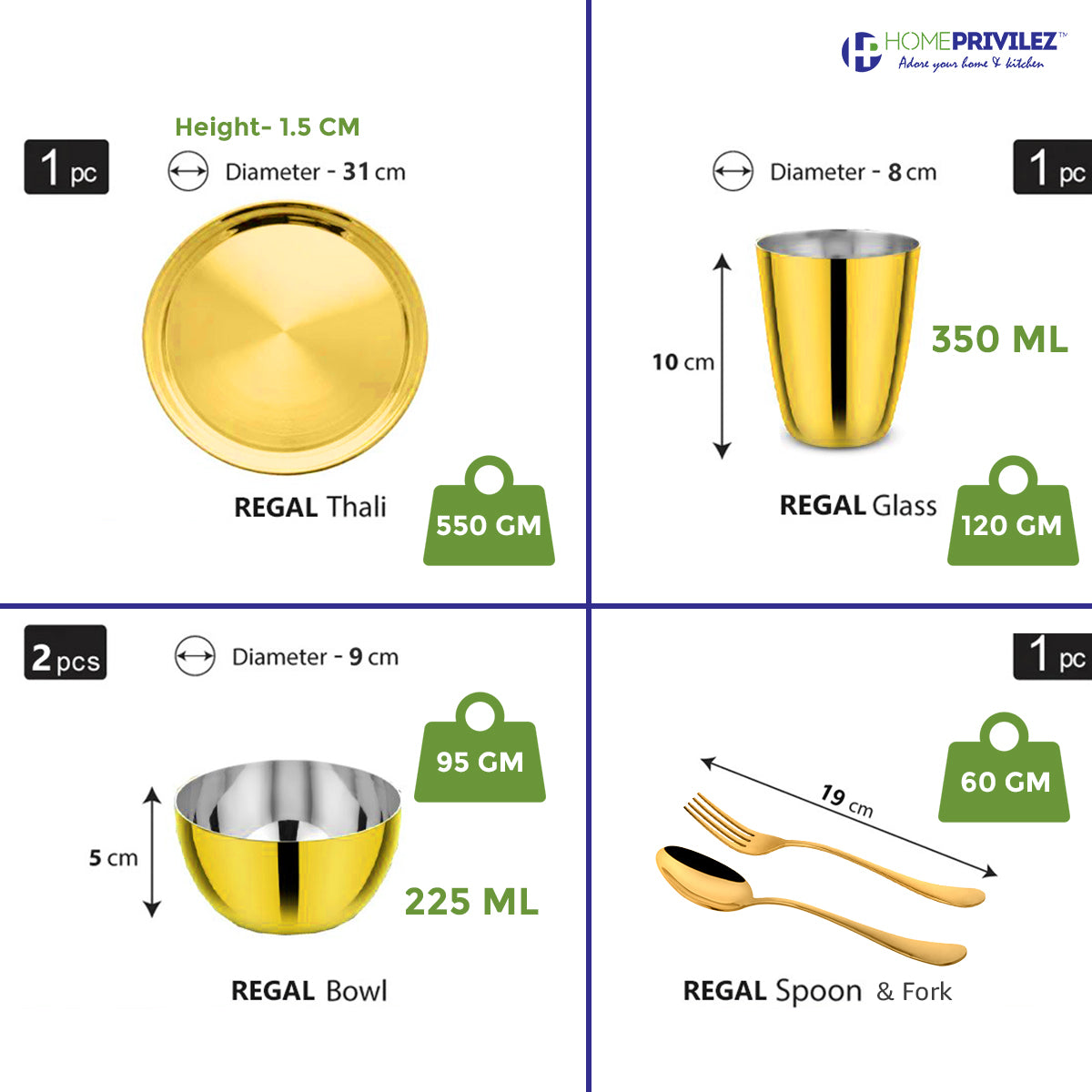 “Regal” PVD Gold Stainless Steel Thali Set/Dinner Set of 6 pcs (Gold)