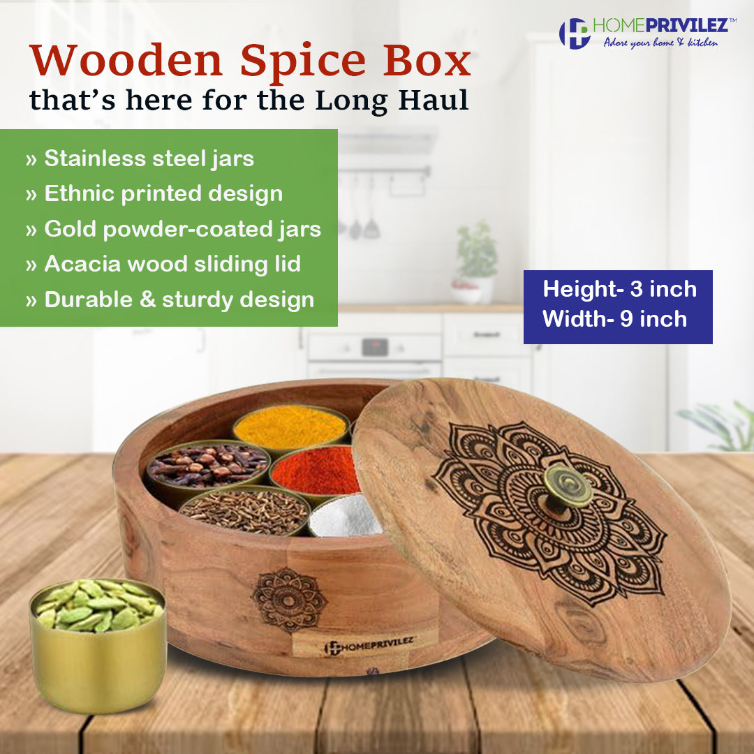 “Ethnic” Wooden Spice Box/Masala Dabba Set for Kitchen with engraved Ethnic Design on Wood with Gold Steel Spice Jars – 8 Pcs set (Brown)